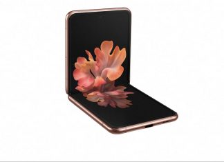 A Samsung bemutatja a Galaxy Z Flip 5G okostelefont Galaxy Z Flip 5G okostelefon félig kihajlítva, szemből.