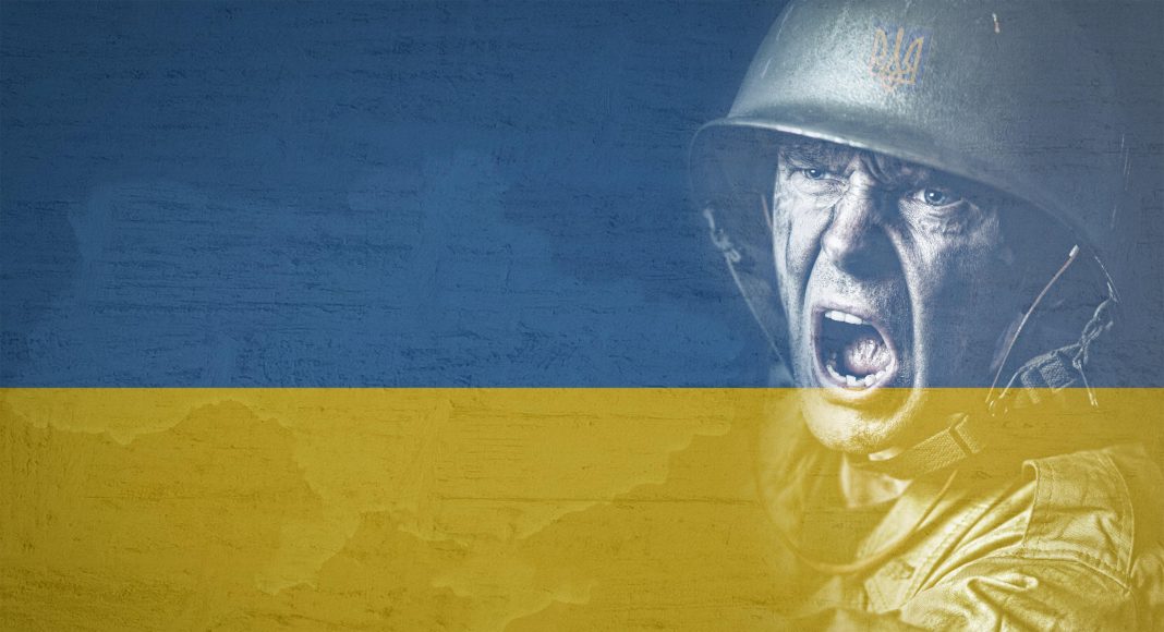 Ukrán zászló és katona